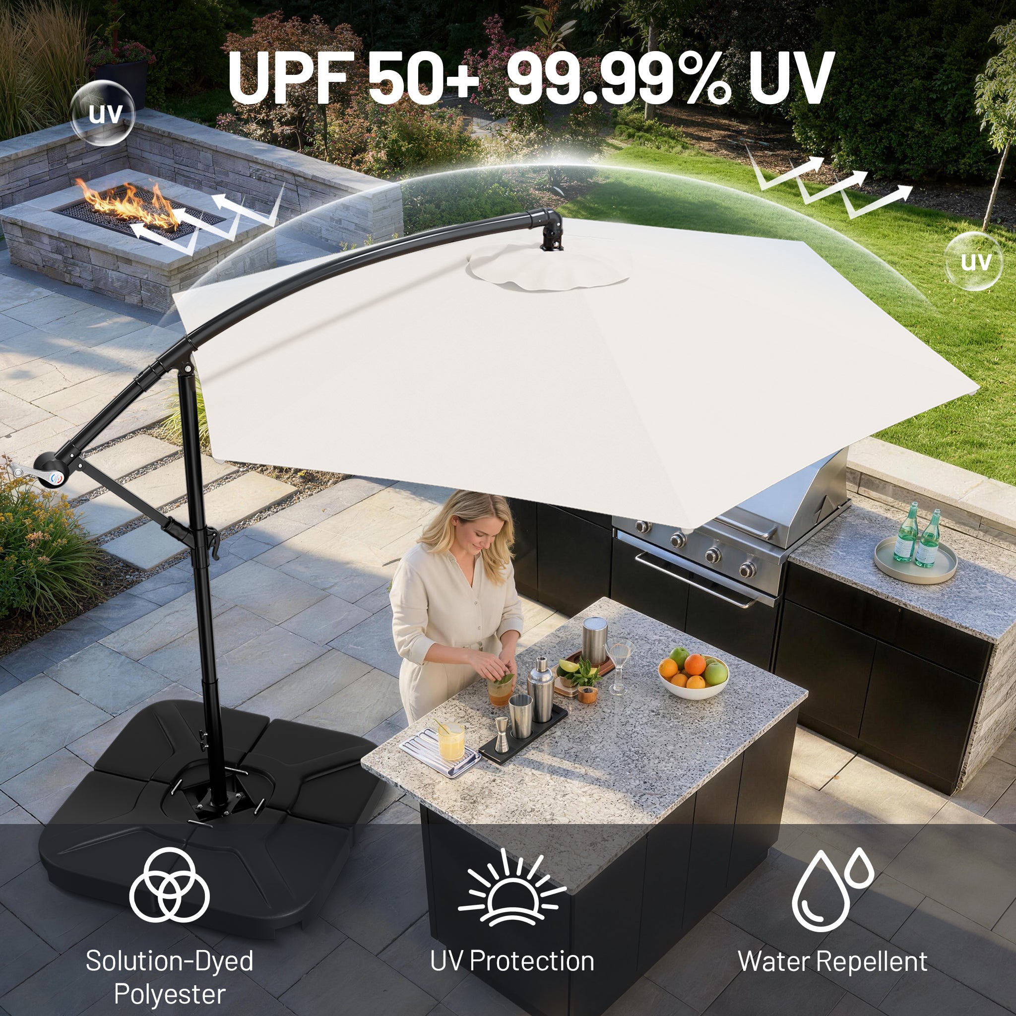 Easthome 10ft Solar LED Offset Hanging Market Patio Umbrella for Backyard, Poolside, Lawn and Garden w/Easy Tilt Adjustment, Polyester Shade, 6 Ribs
