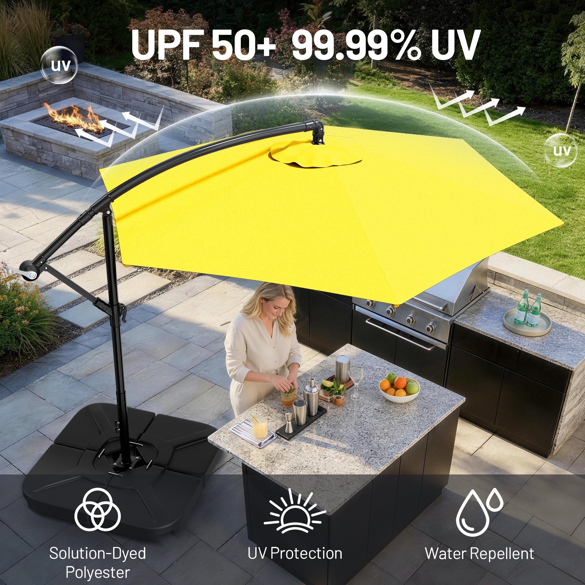 Easthome 10ft Solar LED Offset Hanging Market Patio Umbrella for Backyard, Poolside, Lawn and Garden w/Easy Tilt Adjustment, Polyester Shade, 6 Ribs