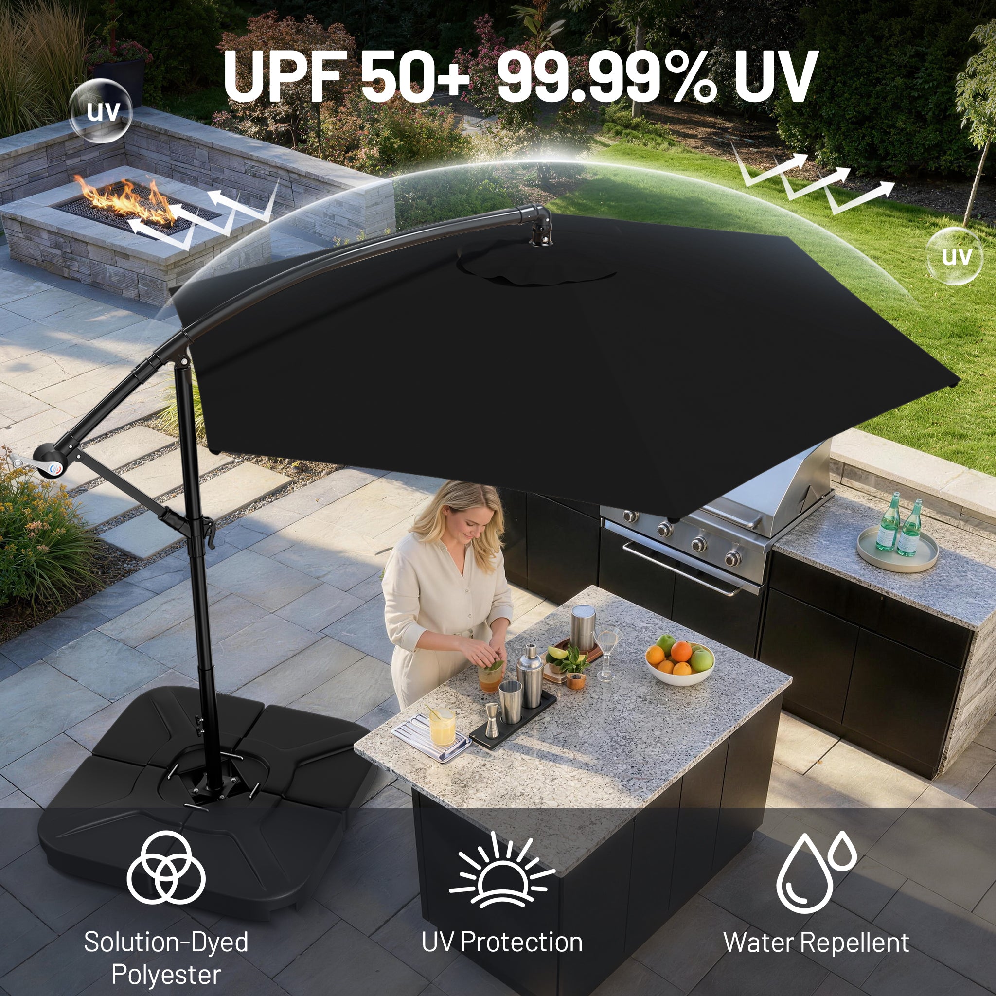 Easthome 10ft Solar LED Offset Hanging Market Patio Umbrella for Backyard, Poolside, Lawn and Garden w/Easy Tilt Adjustment, Polyester Shade, 6 Ribs