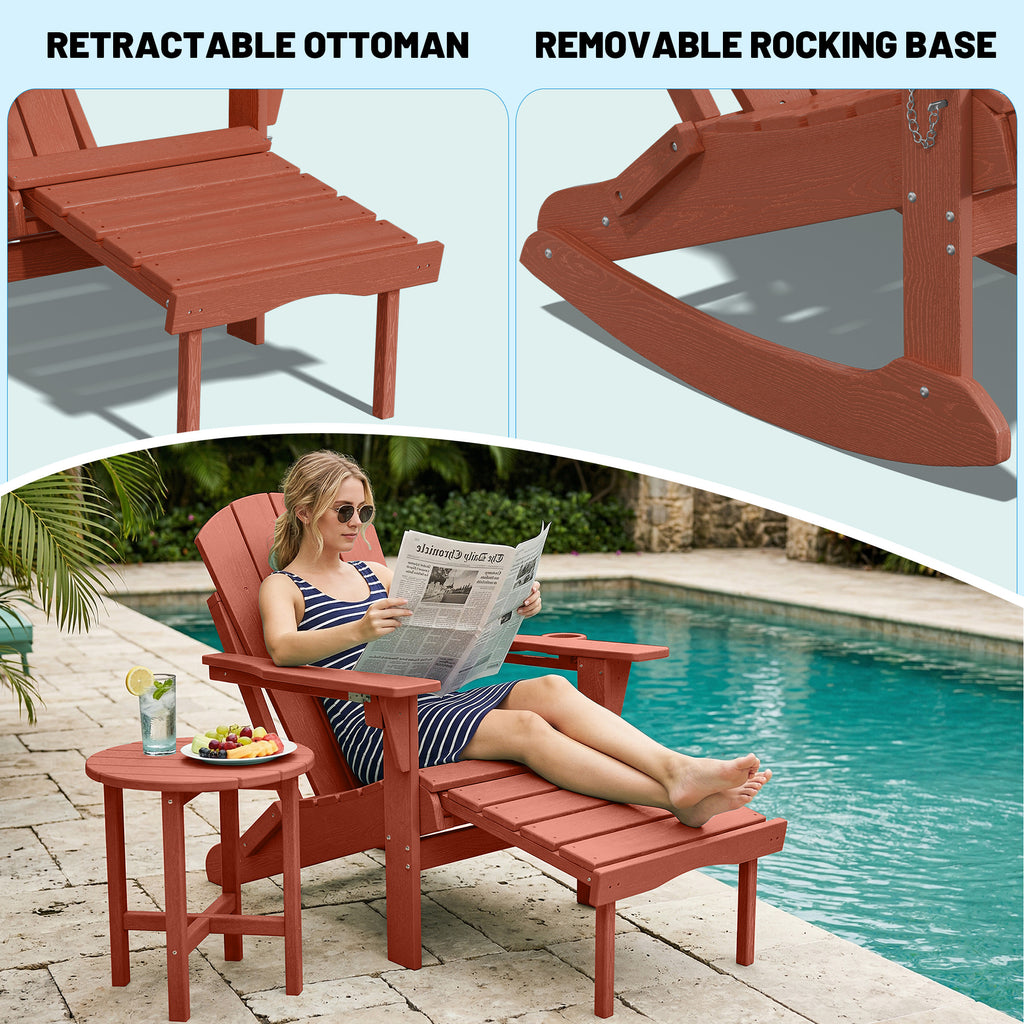 Easthome 4-in-1 Folding Adirondack Rocking Chair with Ottoman & Dual Cup Holders, Wood Texture HDPE All-Weather Outdoor Lounge Chair for Patio, Backyard, Pool