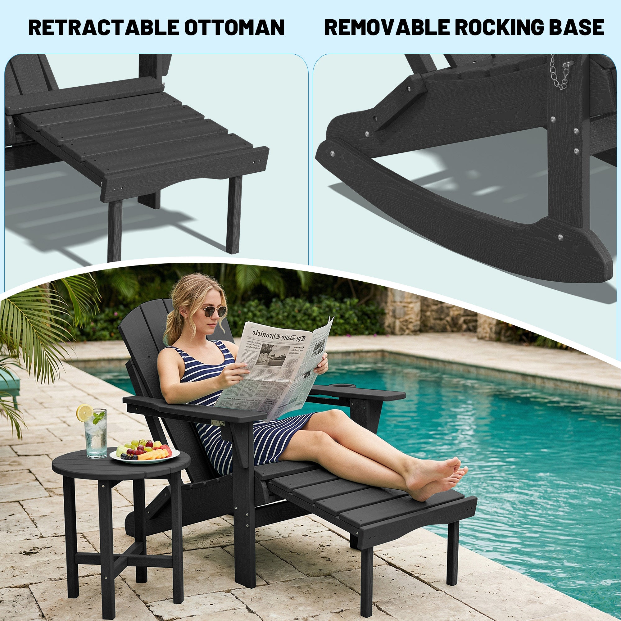 Easthome 4-in-1 Folding Adirondack Rocking Chair with Ottoman & Dual Cup Holders, Wood Texture HDPE All-Weather Outdoor Lounge Chair for Patio, Backyard, Pool
