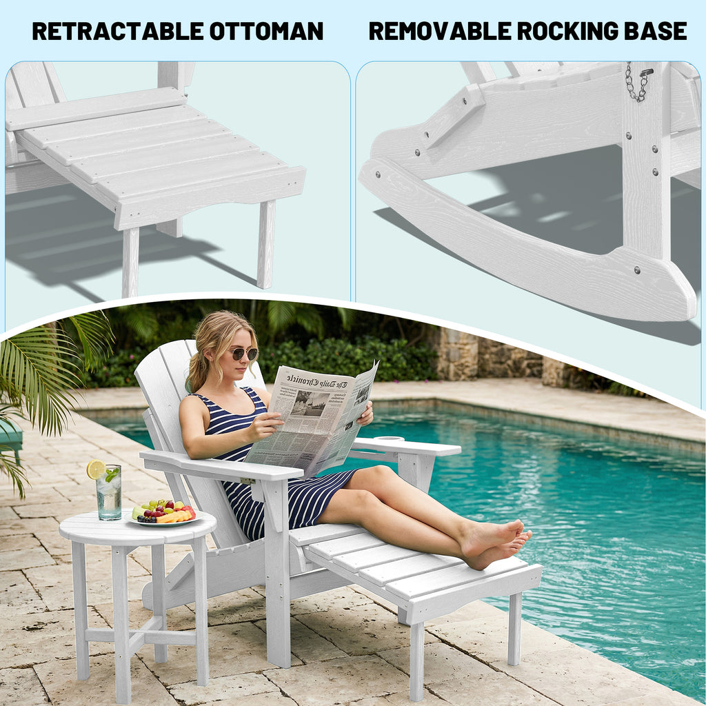 Easthome 4-in-1 Folding Adirondack Rocking Chair with Ottoman & Dual Cup Holders, Wood Texture HDPE All-Weather Outdoor Lounge Chair for Patio, Backyard, Pool