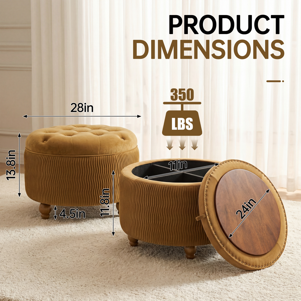 Easthome Round Storage Ottoman, Divided Compartment, Removable Top, Solid Wood Gourd-Shaped Legs, Button Tufted Multi-Function Footrest Bench for Living Room, Bedroom