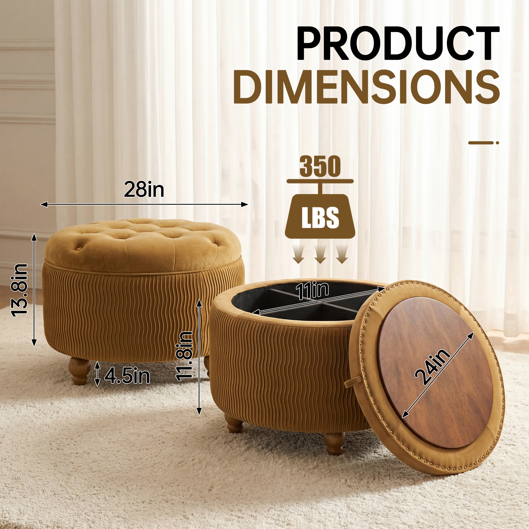 Easthome Round Storage Ottoman, Divided Compartment, Removable Top, Solid Wood Gourd-Shaped Legs, Button Tufted Multi-Function Footrest Bench for Living Room, Bedroom