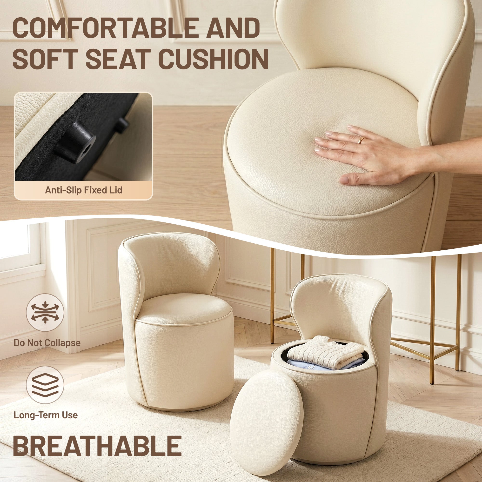 Easthome 360° Swivel Storage Vanity Stool, Hidden Storage Makeup Ottoman Chair for Bedroom, Study, Living Room, Dresser