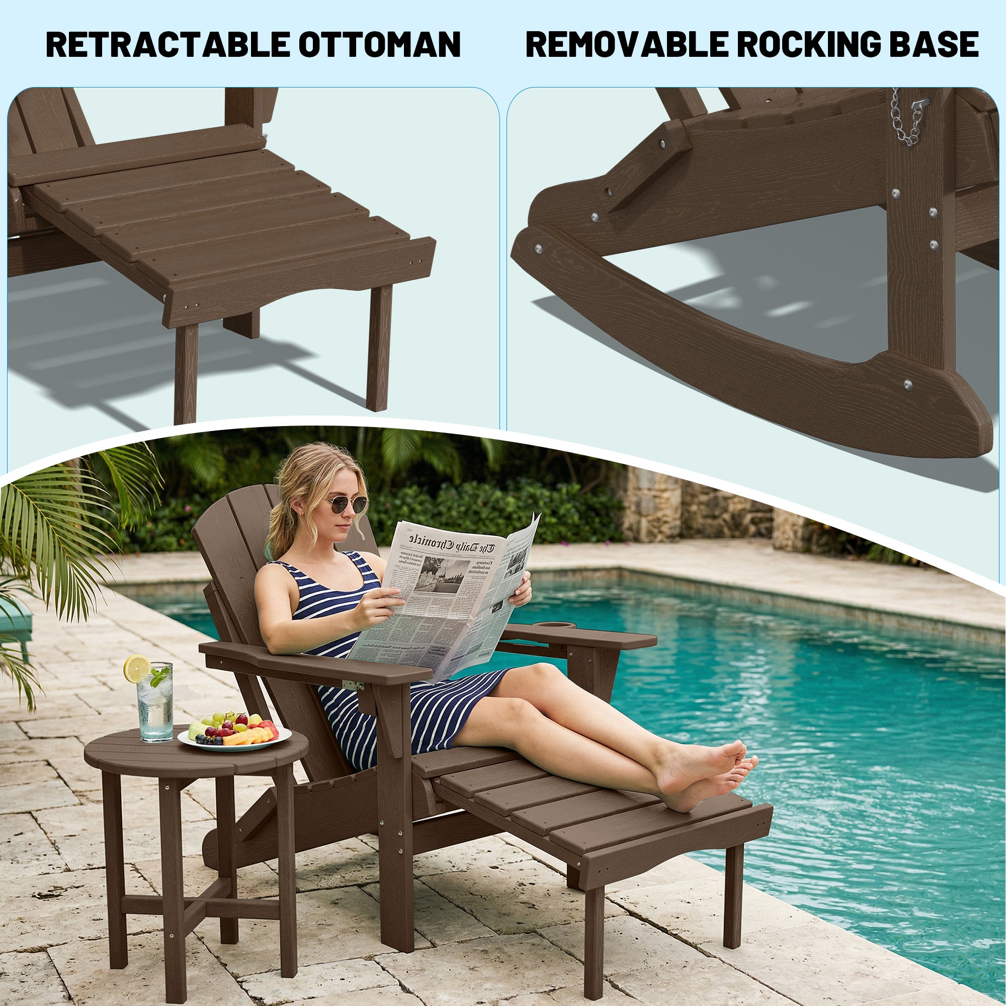 Easthome 4-in-1 Folding Adirondack Rocking Chair with Ottoman & Dual Cup Holders, Wood Texture HDPE All-Weather Outdoor Lounge Chair for Patio, Backyard, Pool