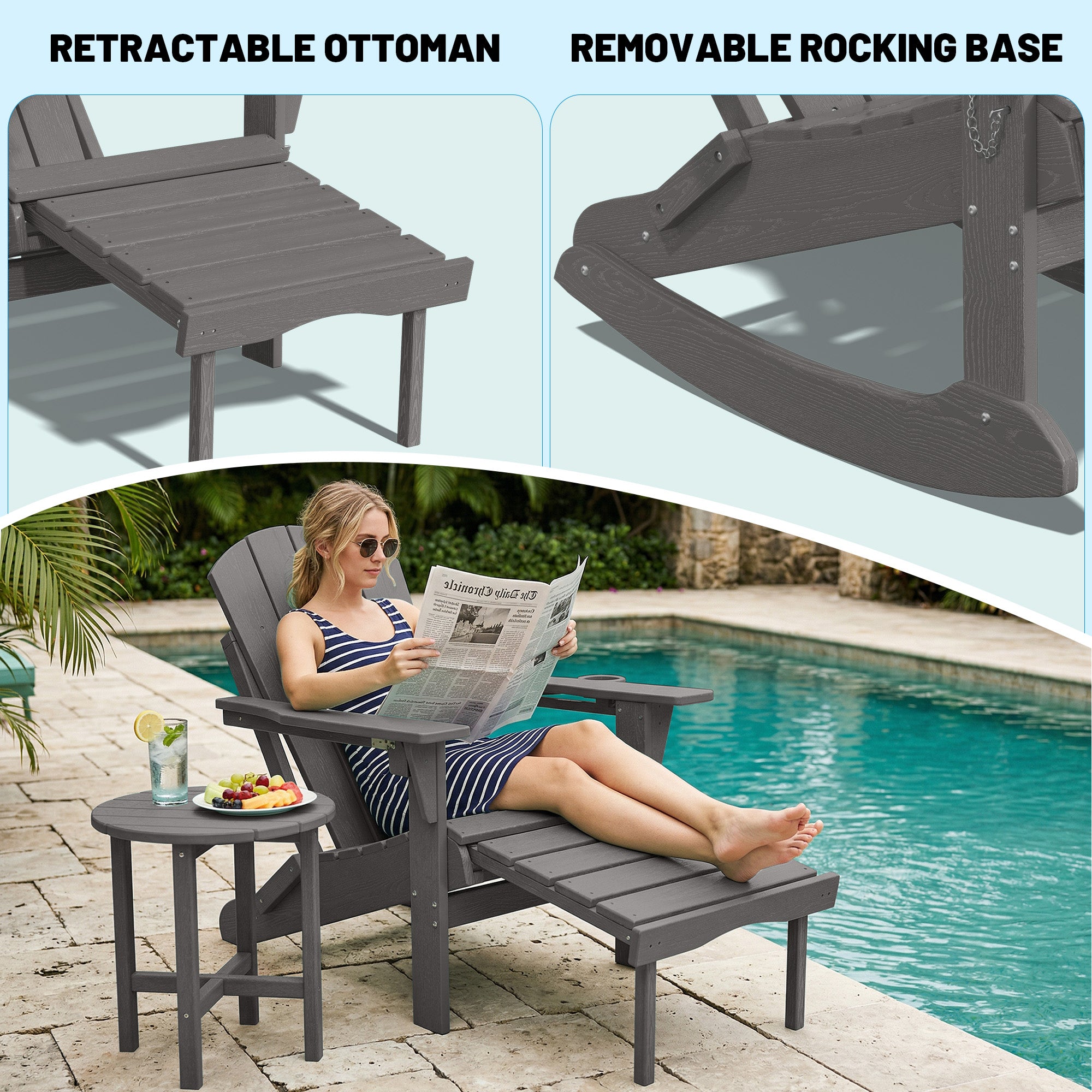Easthome 4-in-1 Folding Adirondack Rocking Chair with Ottoman & Dual Cup Holders, Wood Texture HDPE All-Weather Outdoor Lounge Chair for Patio, Backyard, Pool