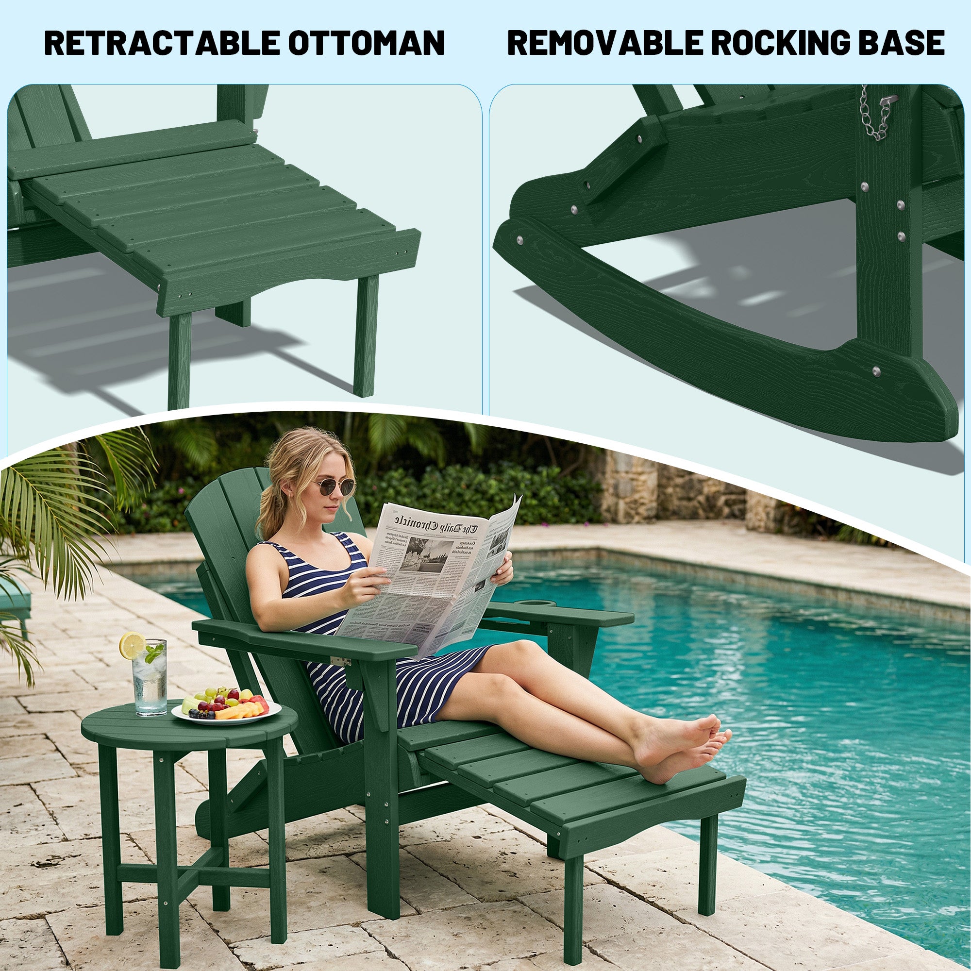 Easthome 4-in-1 Folding Adirondack Rocking Chair with Ottoman & Dual Cup Holders, Wood Texture HDPE All-Weather Outdoor Lounge Chair for Patio, Backyard, Pool