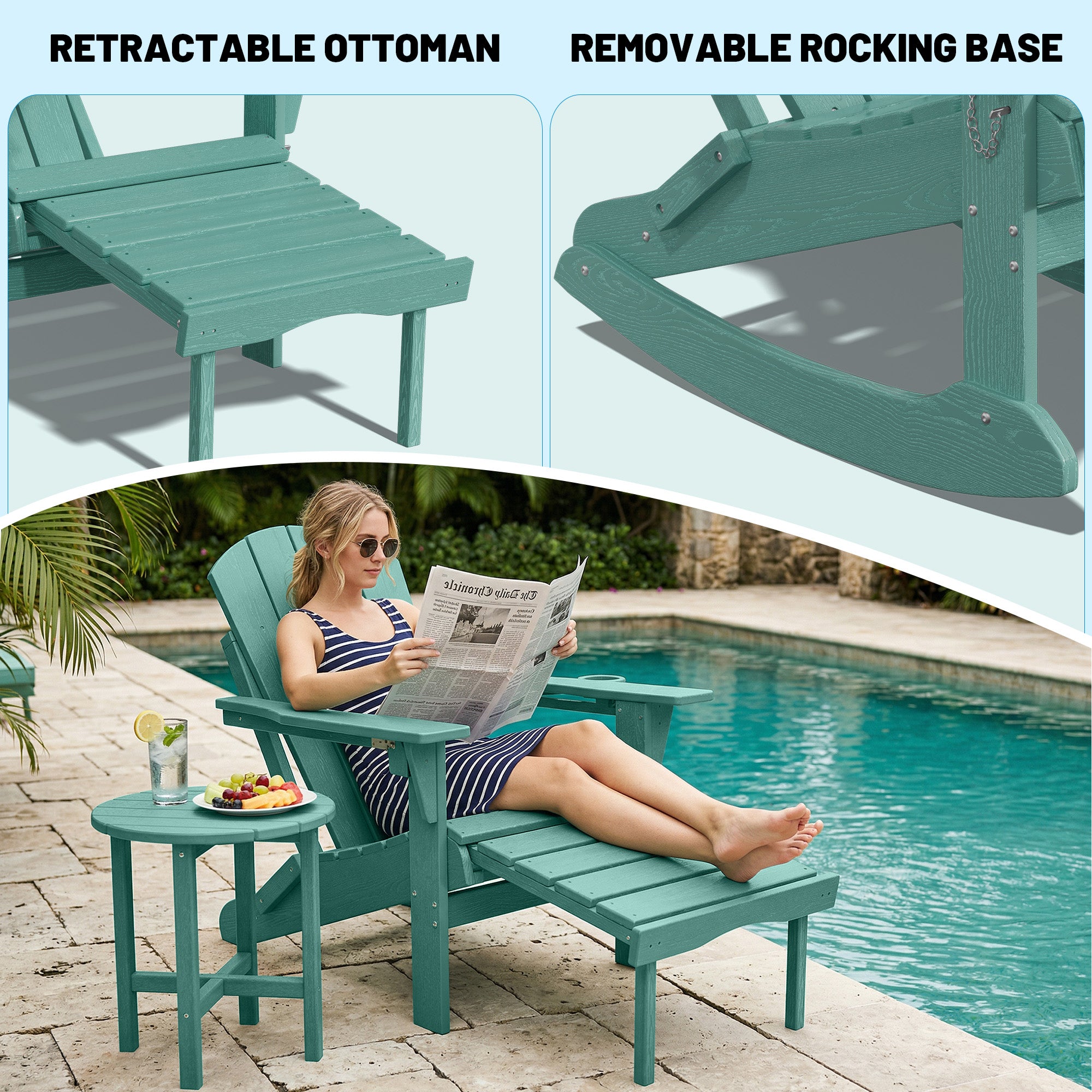 Easthome 4-in-1 Folding Adirondack Rocking Chair with Ottoman & Dual Cup Holders, Wood Texture HDPE All-Weather Outdoor Lounge Chair for Patio, Backyard, Pool