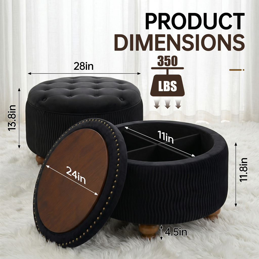 Easthome Round Storage Ottoman, Divided Compartment, Removable Top, Solid Wood Gourd-Shaped Legs, Button Tufted Multi-Function Footrest Bench for Living Room, Bedroom