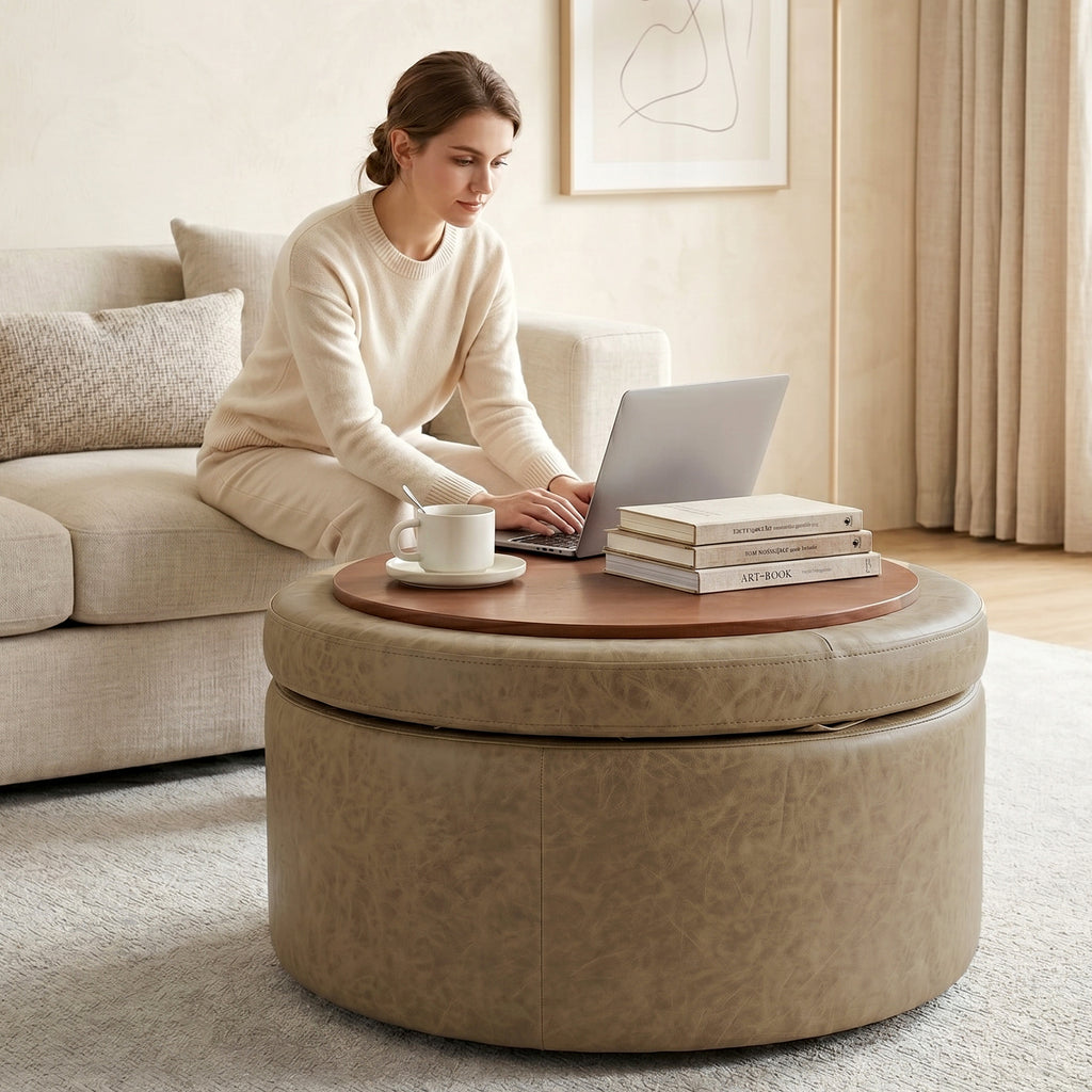 Easthome Multi-Function Round Storage Ottoman with Lockable Casters, Detachable Wood Tray Top, Button Tufted Foot Stool for Living Room Bedroom Study