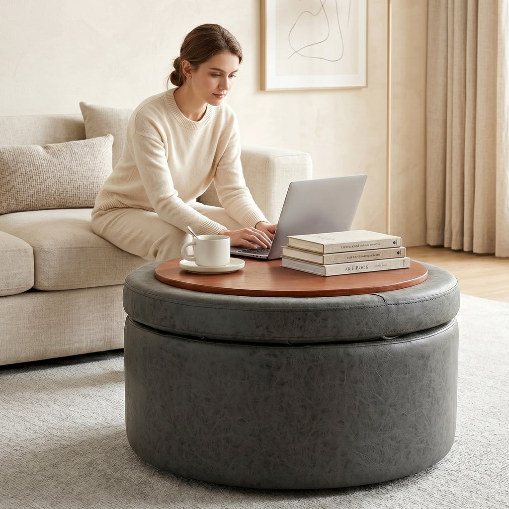 Easthome Multi-Function Round Storage Ottoman with Lockable Casters, Detachable Wood Tray Top, Button Tufted Foot Stool for Living Room Bedroom Study