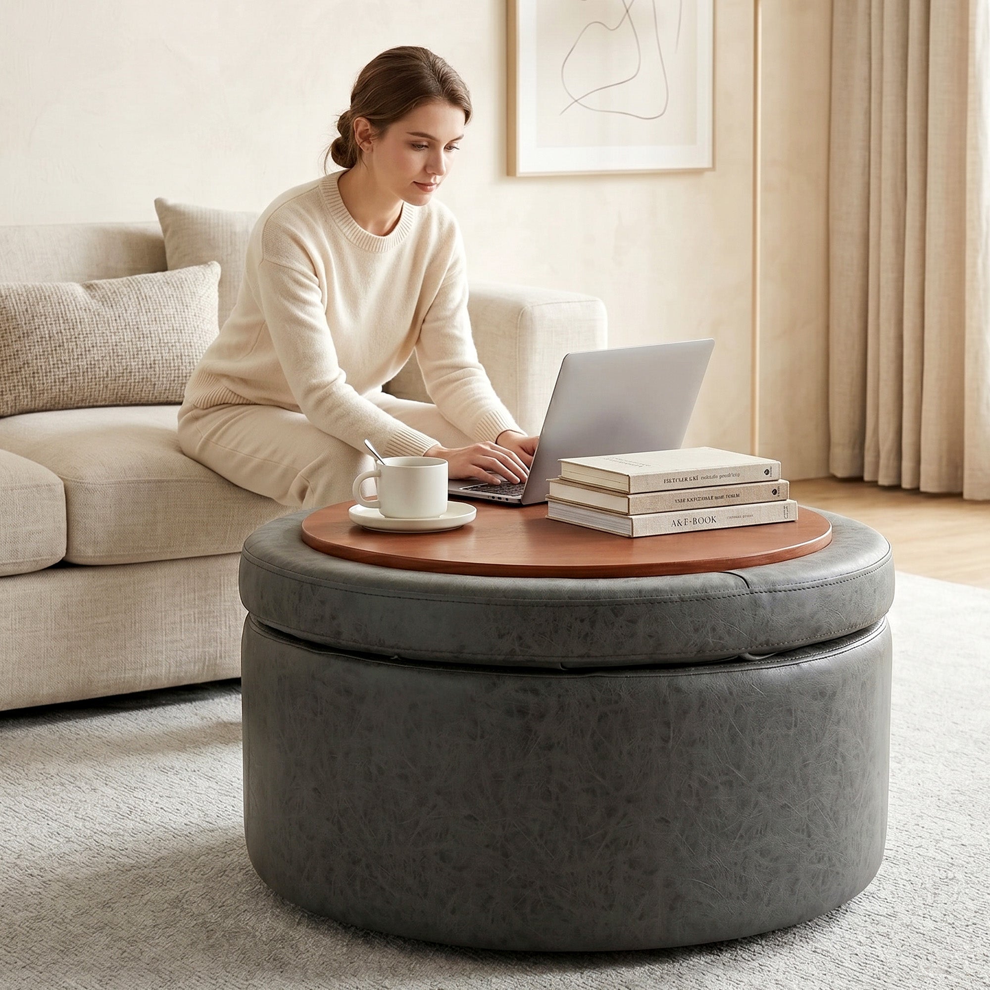 Easthome Multi-Function Round Storage Ottoman with Lockable Casters, Detachable Wood Tray Top, Button Tufted Foot Stool for Living Room Bedroom Study