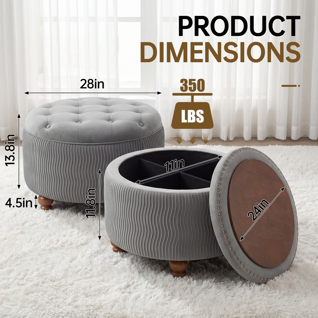 Easthome Round Storage Ottoman, Divided Compartment, Removable Top, Solid Wood Gourd-Shaped Legs, Button Tufted Multi-Function Footrest Bench for Living Room, Bedroom
