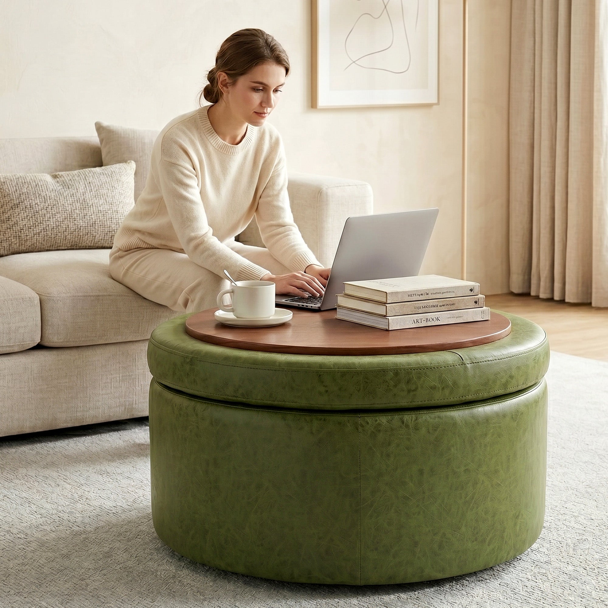 Easthome Multi-Function Round Storage Ottoman with Lockable Casters, Detachable Wood Tray Top, Button Tufted Foot Stool for Living Room Bedroom Study