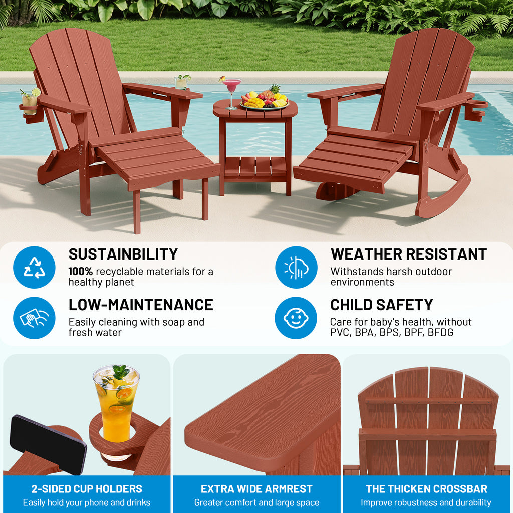 Easthome 4-in-1 Folding Adirondack Rocking Chair with Ottoman & Dual Cup Holders, Wood Texture HDPE All-Weather Outdoor Lounge Chair for Patio, Backyard, Pool