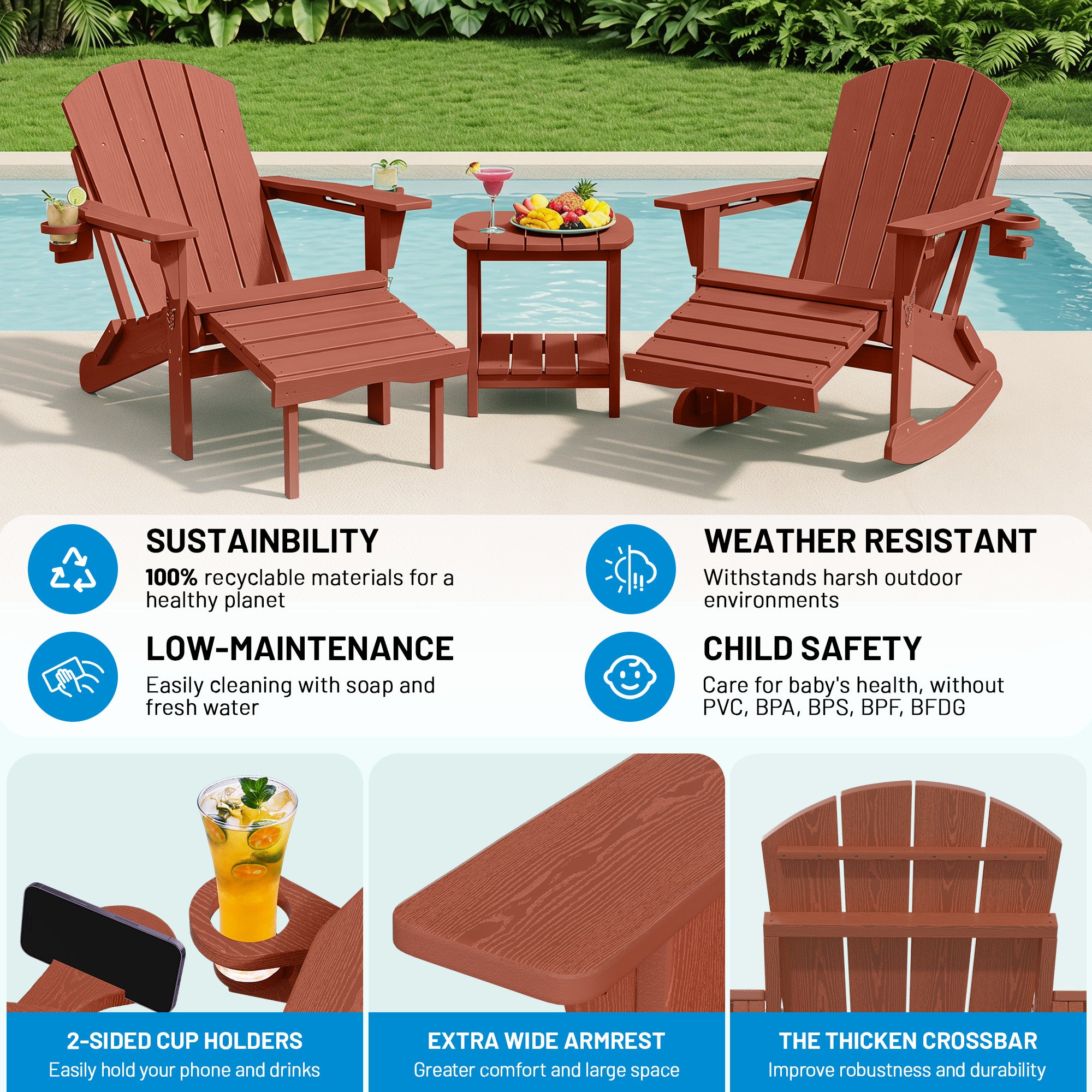 Easthome 4-in-1 Folding Adirondack Rocking Chair with Ottoman & Dual Cup Holders, Wood Texture HDPE All-Weather Outdoor Lounge Chair for Patio, Backyard, Pool