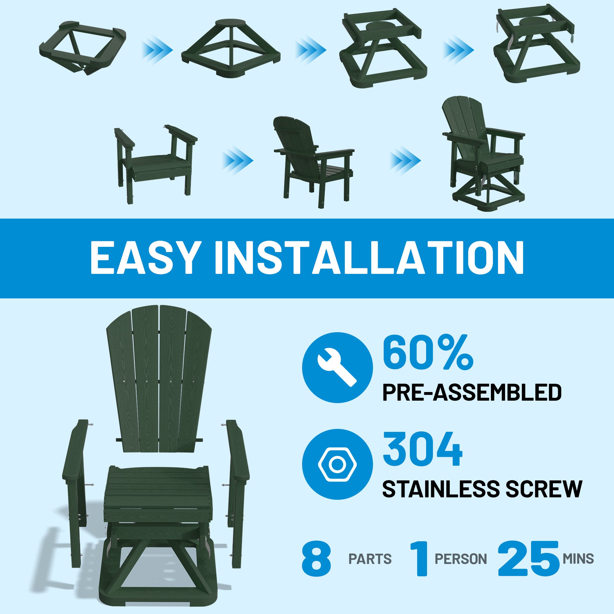 Easthome 360°Swivel Glider Adirondack Chair All-Weather HDPE Outdoor Rocking Chair with Ergonomic Backrest, Outdoor Swivel Rocker for Patio, Porch & Deck