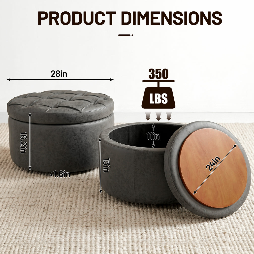 Easthome Multi-Function Round Storage Ottoman with Lockable Casters, Detachable Wood Tray Top, Button Tufted Foot Stool for Living Room Bedroom Study