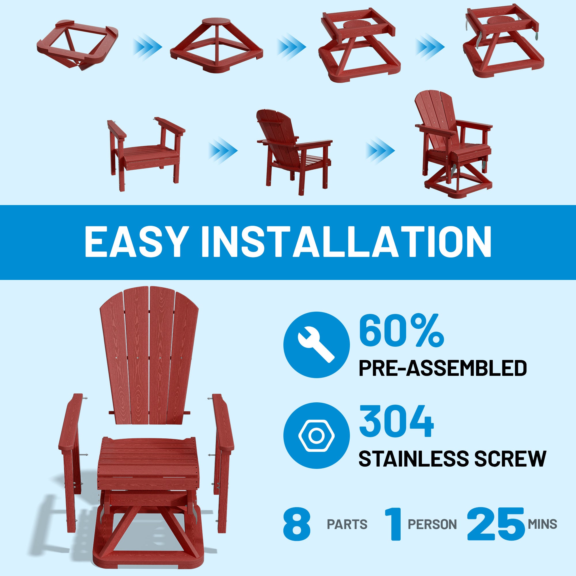 Easthome 360°Swivel Glider Adirondack Chair All-Weather HDPE Outdoor Rocking Chair with Ergonomic Backrest, Outdoor Swivel Rocker for Patio, Porch & Deck