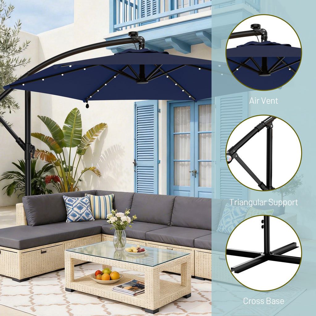 Easthome 10ft Solar LED Offset Hanging Market Patio Umbrella for Backyard, Poolside, Lawn and Garden w/Easy Tilt Adjustment, Polyester Shade, 6 Ribs