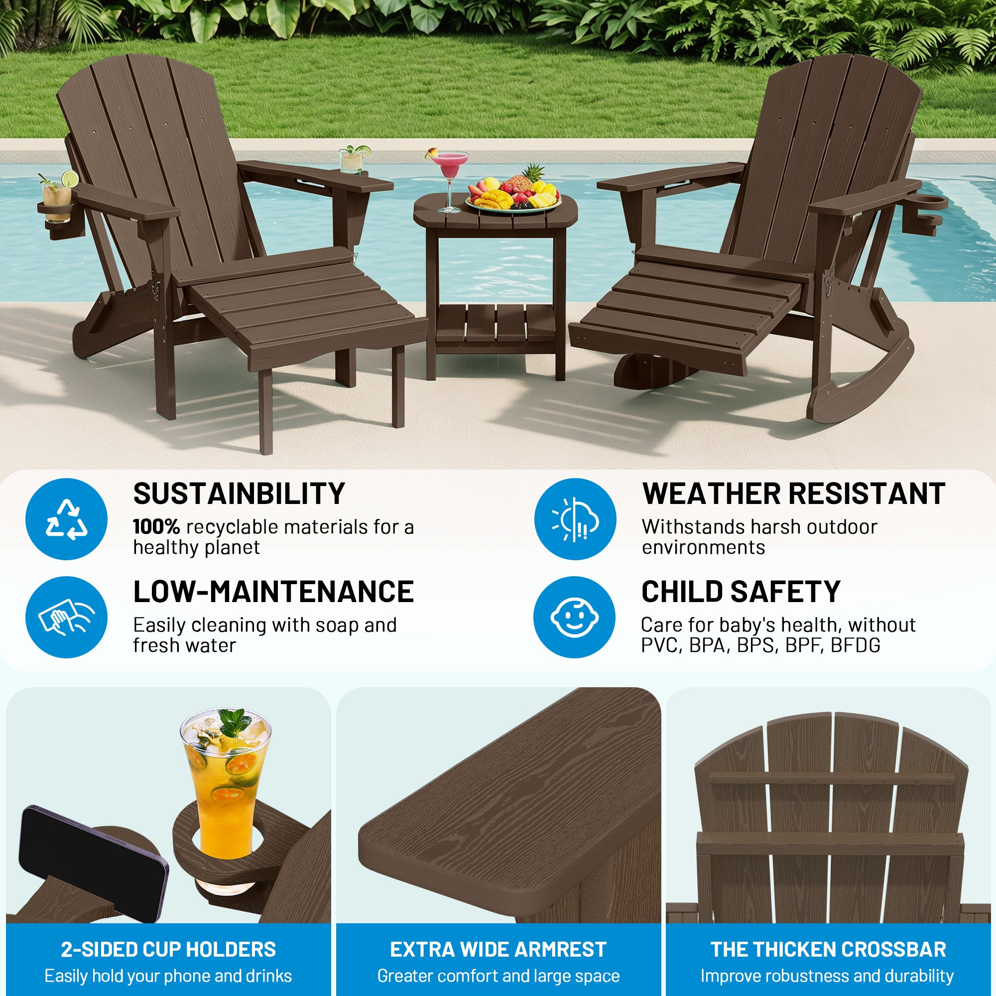Easthome 4-in-1 Folding Adirondack Rocking Chair with Ottoman & Dual Cup Holders, Wood Texture HDPE All-Weather Outdoor Lounge Chair for Patio, Backyard, Pool