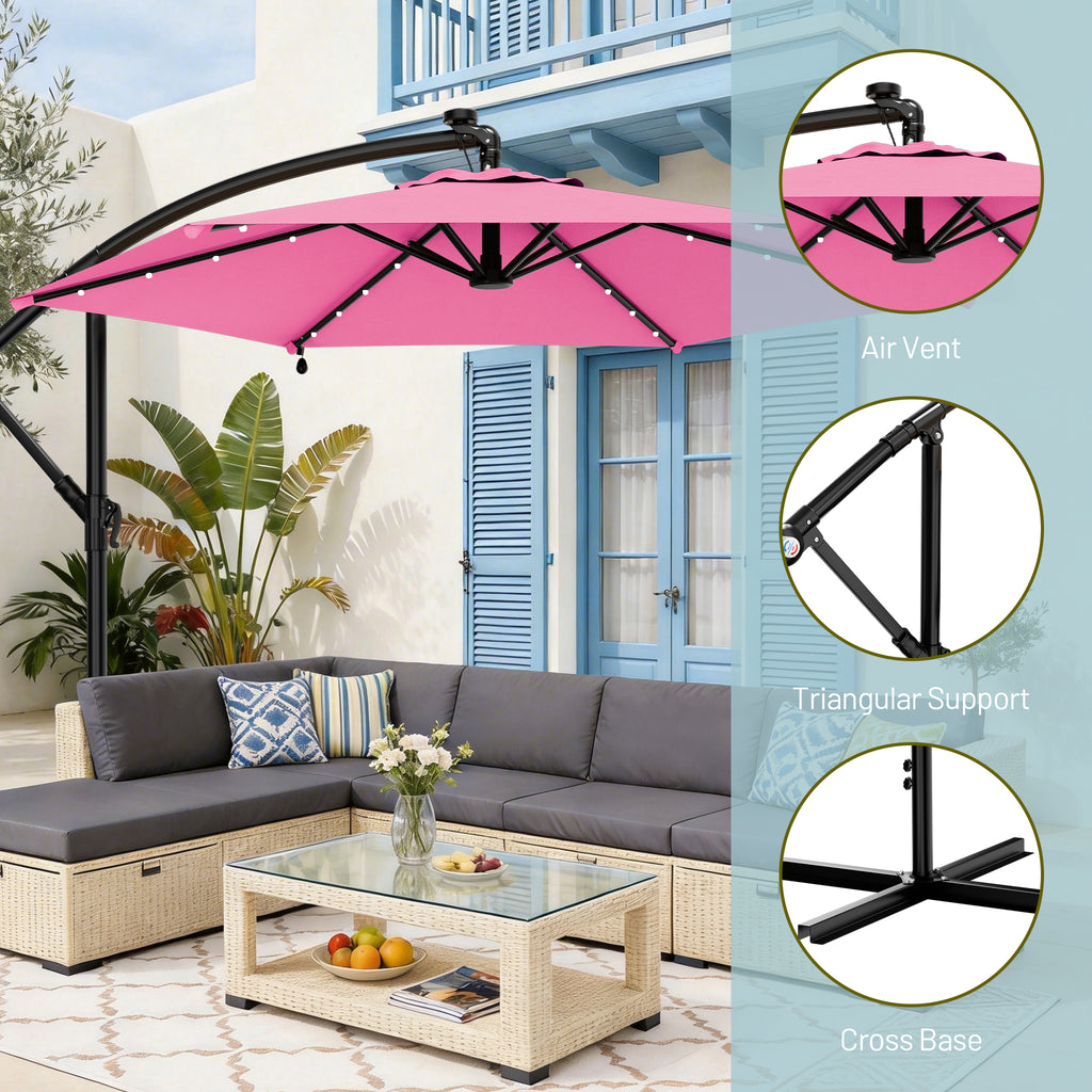 Easthome 10ft Solar LED Offset Hanging Market Patio Umbrella for Backyard, Poolside, Lawn and Garden w/Easy Tilt Adjustment, Polyester Shade, 6 Ribs
