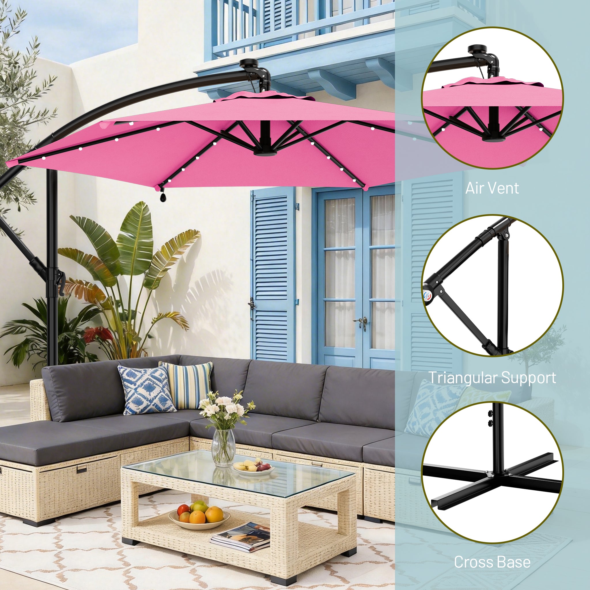 Easthome 10ft Solar LED Offset Hanging Market Patio Umbrella for Backyard, Poolside, Lawn and Garden w/Easy Tilt Adjustment, Polyester Shade, 6 Ribs