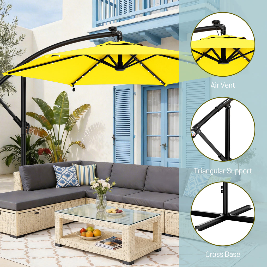 Easthome 10ft Solar LED Offset Hanging Market Patio Umbrella for Backyard, Poolside, Lawn and Garden w/Easy Tilt Adjustment, Polyester Shade, 6 Ribs