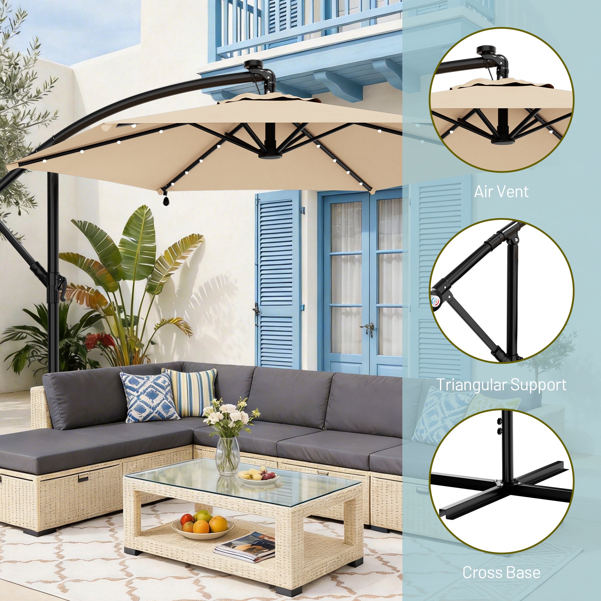 Easthome 10ft Solar LED Offset Hanging Market Patio Umbrella for Backyard, Poolside, Lawn and Garden w/Easy Tilt Adjustment, Polyester Shade, 6 Ribs