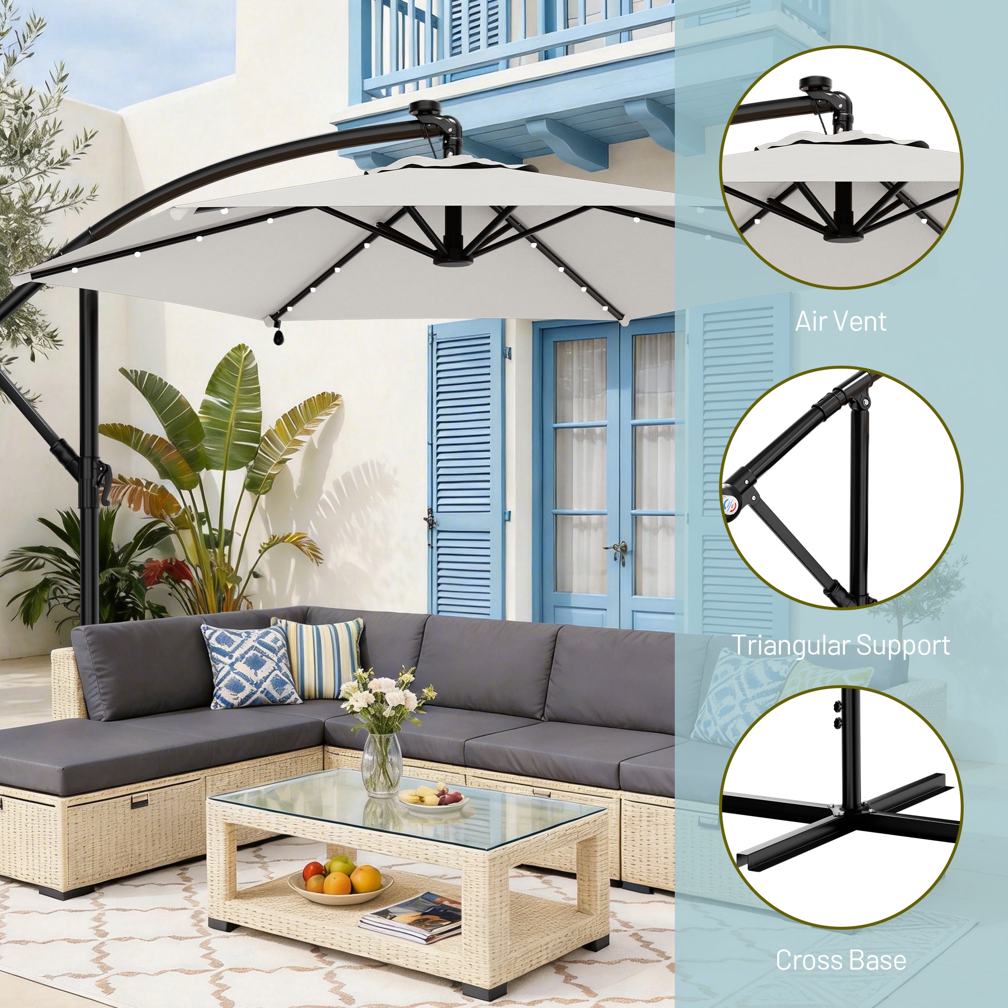 Easthome 10ft Solar LED Offset Hanging Market Patio Umbrella for Backyard, Poolside, Lawn and Garden w/Easy Tilt Adjustment, Polyester Shade, 6 Ribs
