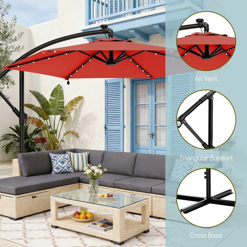 Easthome 10ft Solar LED Offset Hanging Market Patio Umbrella for Backyard, Poolside, Lawn and Garden w/Easy Tilt Adjustment, Polyester Shade, 6 Ribs