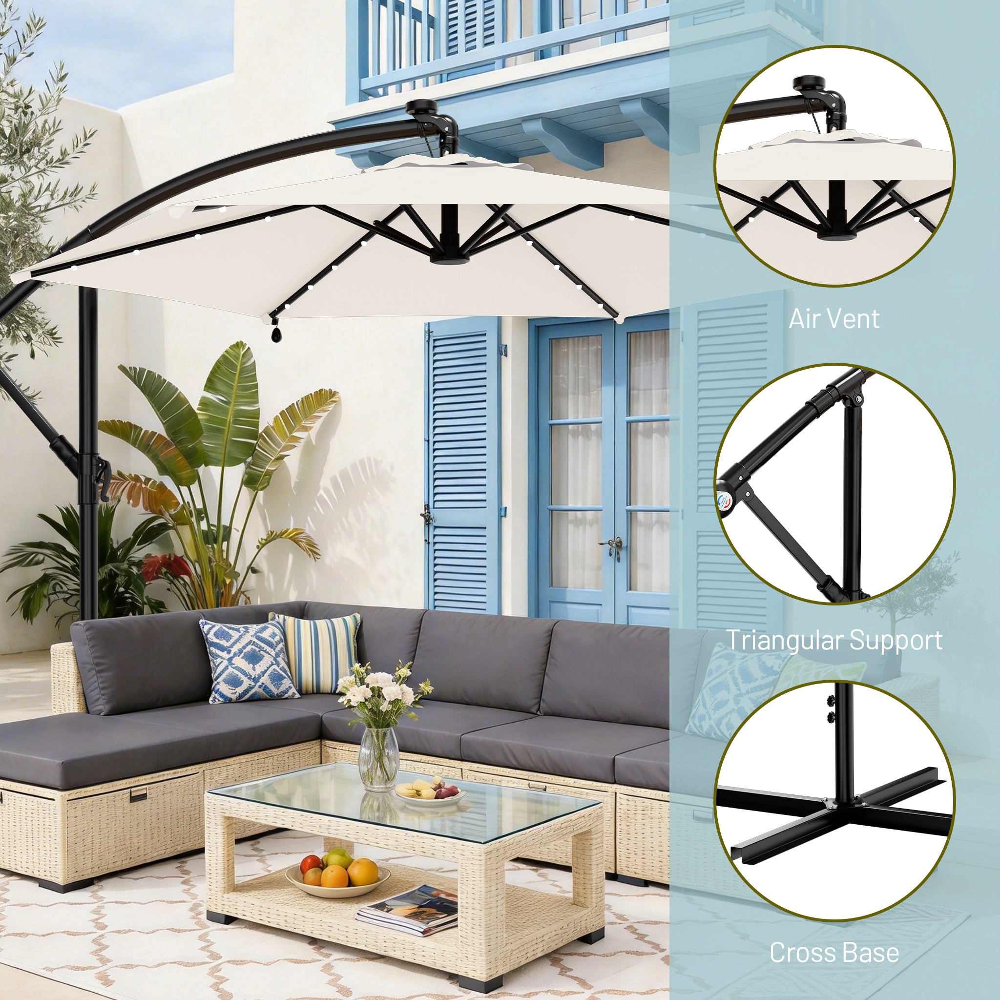 Easthome 10ft Solar LED Offset Hanging Market Patio Umbrella for Backyard, Poolside, Lawn and Garden w/Easy Tilt Adjustment, Polyester Shade, 6 Ribs