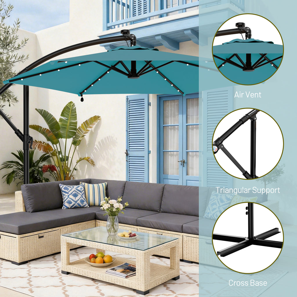 Easthome 10ft Solar LED Offset Hanging Market Patio Umbrella for Backyard, Poolside, Lawn and Garden w/Easy Tilt Adjustment, Polyester Shade, 6 Ribs