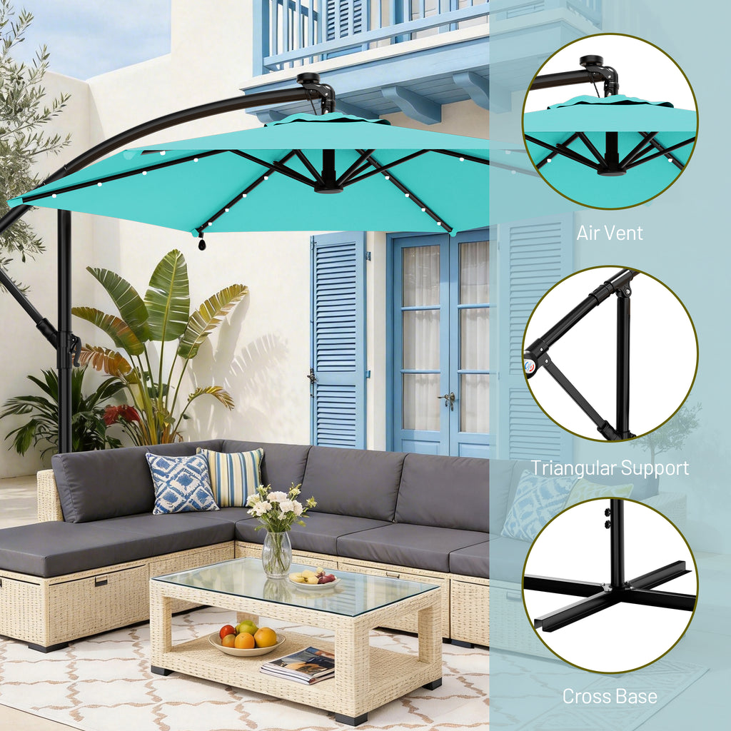 Easthome 10ft Solar LED Offset Hanging Market Patio Umbrella for Backyard, Poolside, Lawn and Garden w/Easy Tilt Adjustment, Polyester Shade, 6 Ribs