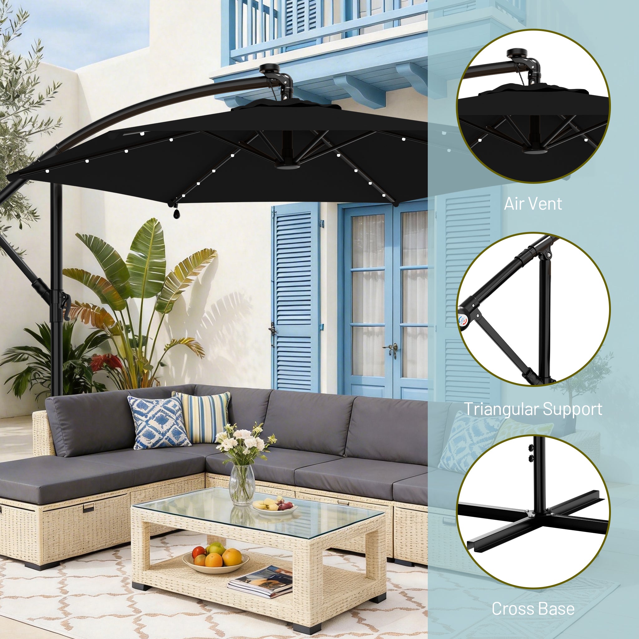 Easthome 10ft Solar LED Offset Hanging Market Patio Umbrella for Backyard, Poolside, Lawn and Garden w/Easy Tilt Adjustment, Polyester Shade, 6 Ribs