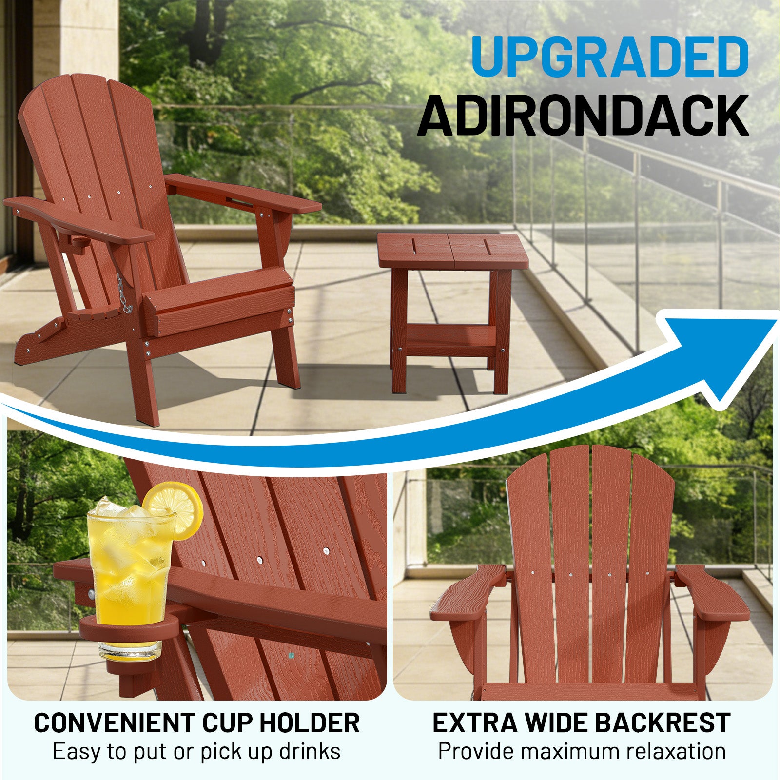Easthome Adirondack Chair, HDPE All-Weather Outdoor Patio Lounge Chair with Cup Holder & 380lb Capacity for Deck, Garden, Poolside, Backyard