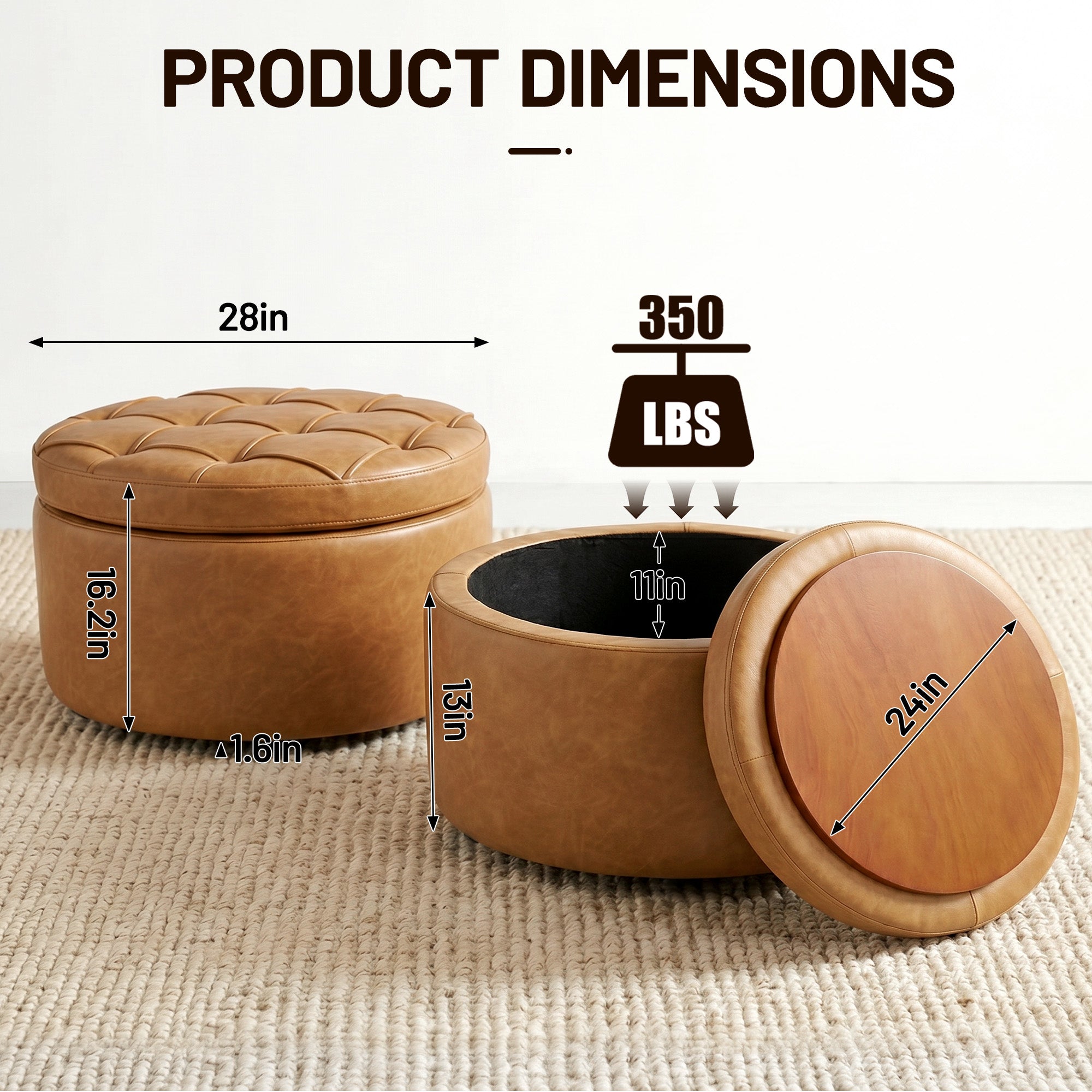 Easthome Multi-Function Round Storage Ottoman with Lockable Casters, Detachable Wood Tray Top, Button Tufted Foot Stool for Living Room Bedroom Study