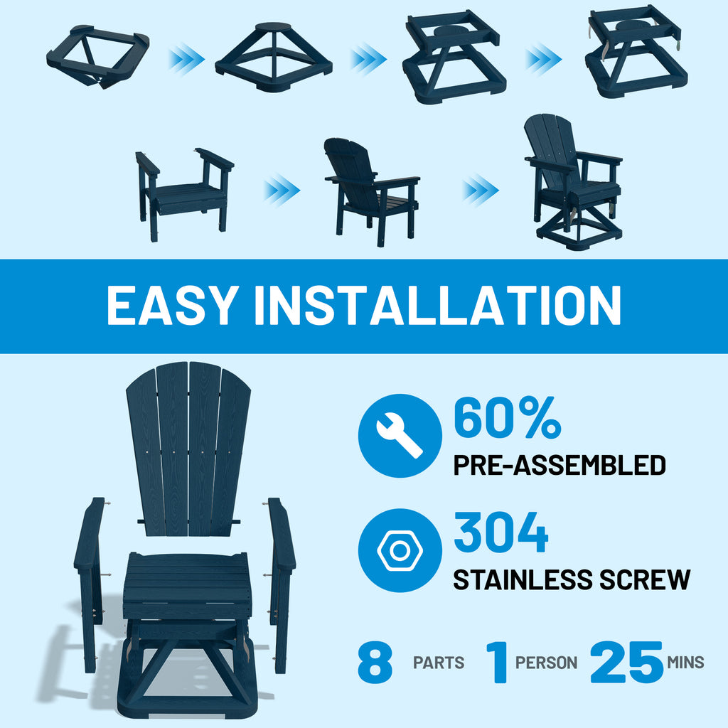 Easthome 360°Swivel Glider Adirondack Chair All-Weather HDPE Outdoor Rocking Chair with Ergonomic Backrest, Outdoor Swivel Rocker for Patio, Porch & Deck