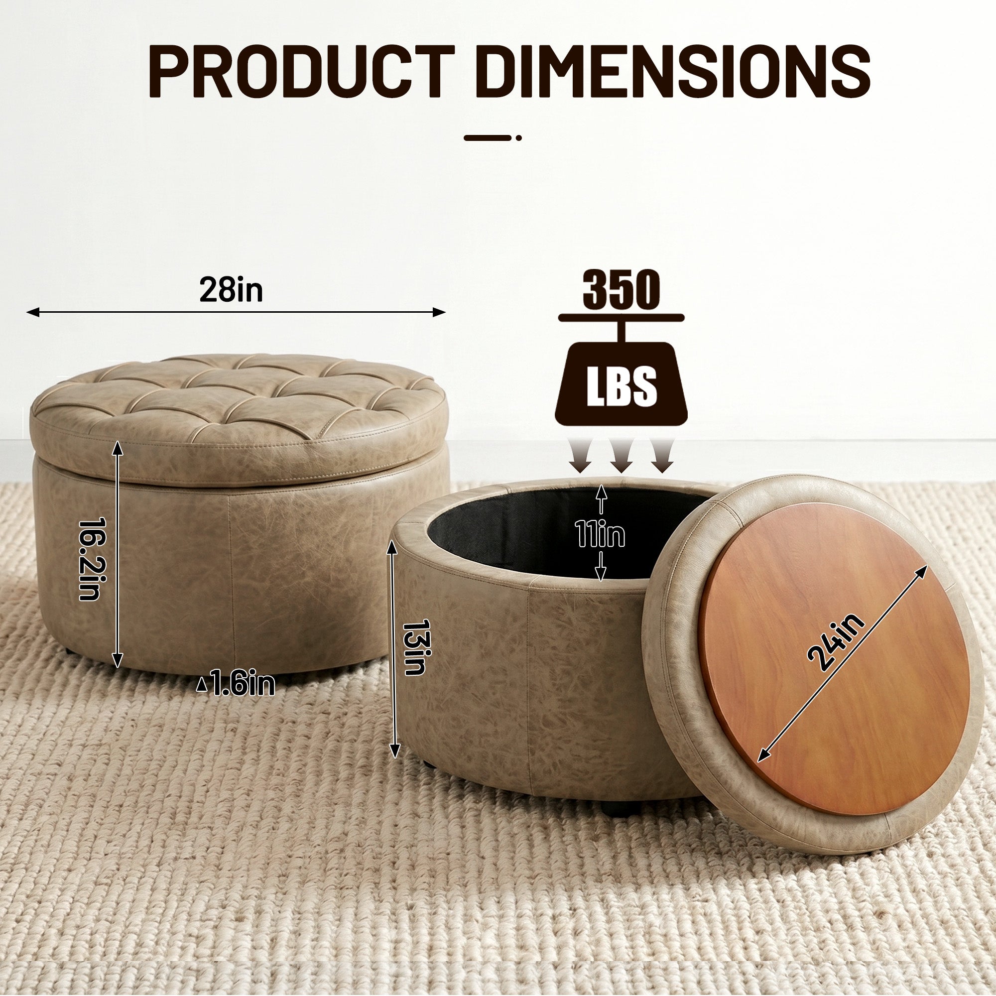 Easthome Multi-Function Round Storage Ottoman with Lockable Casters, Detachable Wood Tray Top, Button Tufted Foot Stool for Living Room Bedroom Study