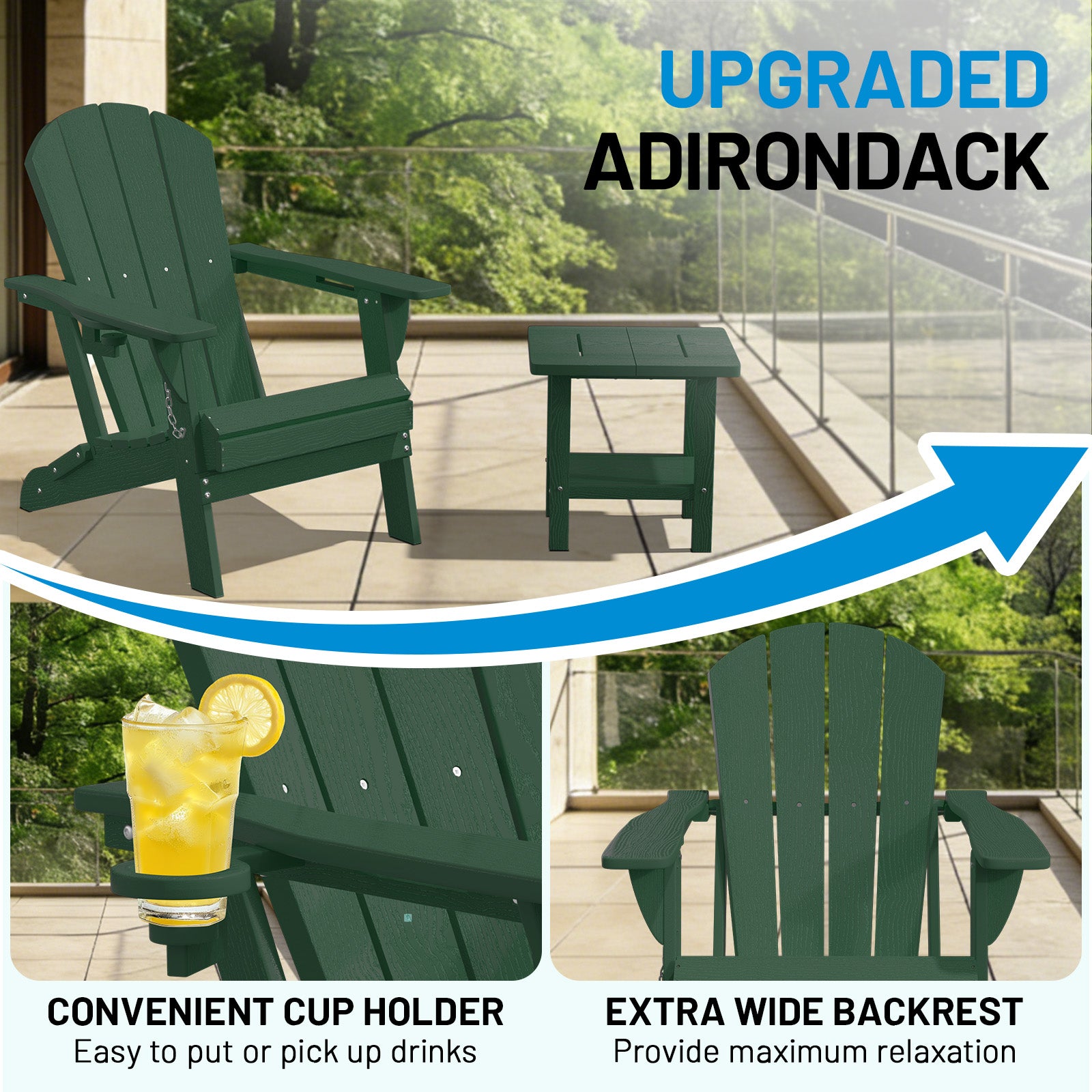 Easthome Adirondack Chair, HDPE All-Weather Outdoor Patio Lounge Chair with Cup Holder & 380lb Capacity for Deck, Garden, Poolside, Backyard