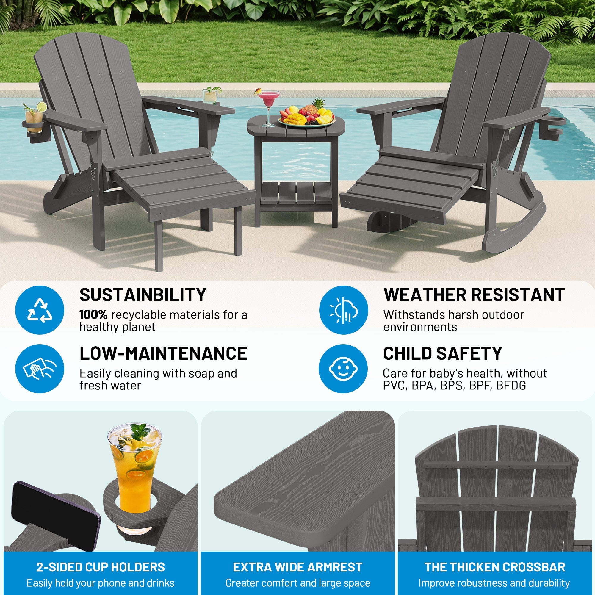 Easthome 4-in-1 Folding Adirondack Rocking Chair with Ottoman & Dual Cup Holders, Wood Texture HDPE All-Weather Outdoor Lounge Chair for Patio, Backyard, Pool