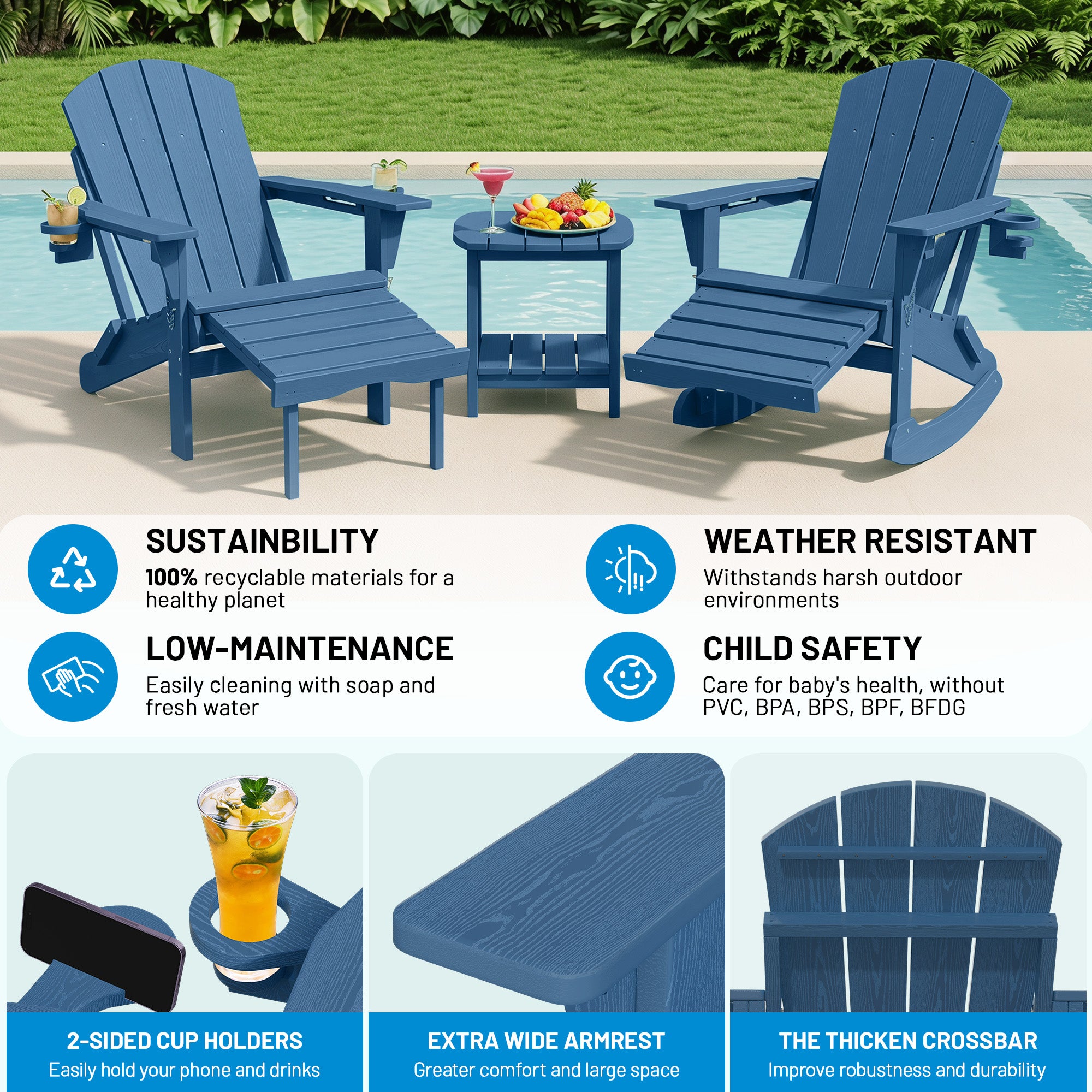 Easthome 4-in-1 Folding Adirondack Rocking Chair with Ottoman & Dual Cup Holders, Wood Texture HDPE All-Weather Outdoor Lounge Chair for Patio, Backyard, Pool