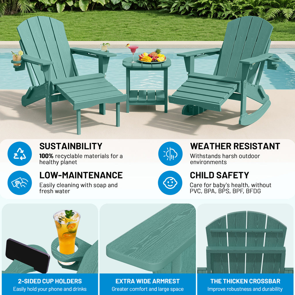Easthome 4-in-1 Folding Adirondack Rocking Chair with Ottoman & Dual Cup Holders, Wood Texture HDPE All-Weather Outdoor Lounge Chair for Patio, Backyard, Pool