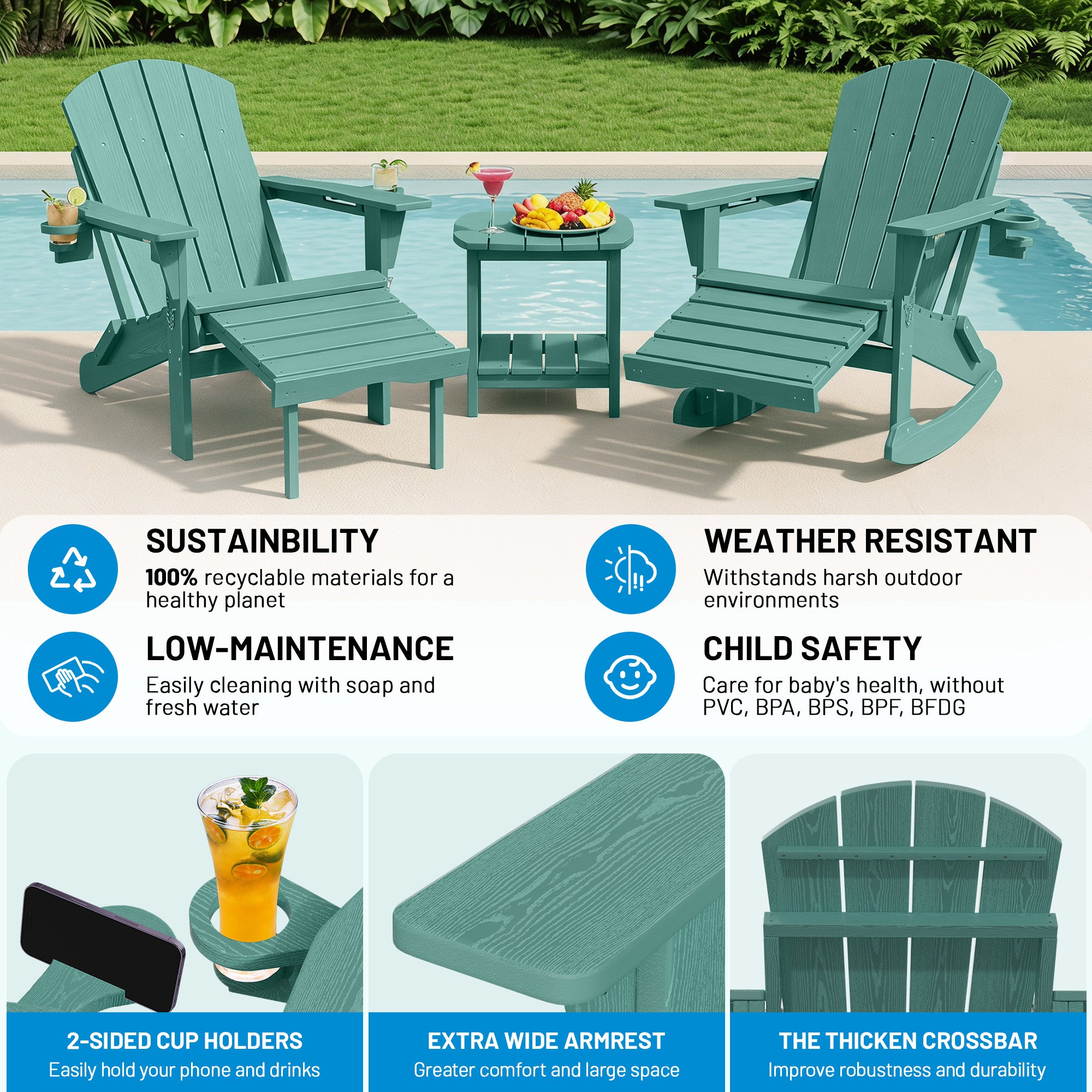 Easthome 4-in-1 Folding Adirondack Rocking Chair with Ottoman & Dual Cup Holders, Wood Texture HDPE All-Weather Outdoor Lounge Chair for Patio, Backyard, Pool