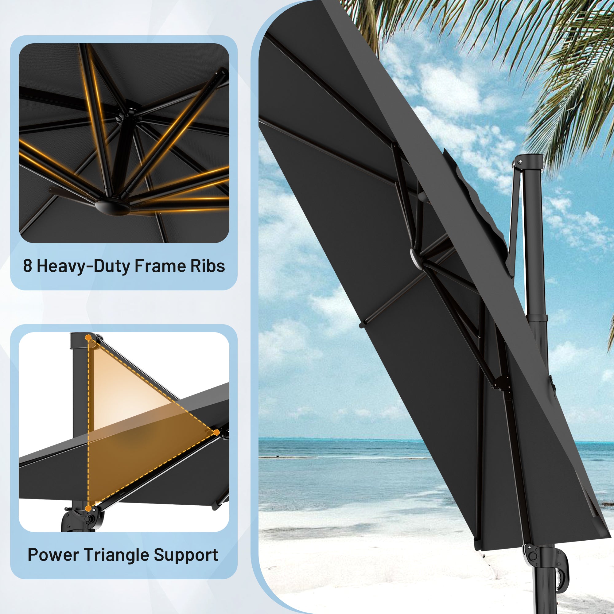 Easthome 10 × 10FT Square Cantilever Patio Umbrella, 360° Rotating Offset Umbrella with Crank, 8 ribs, Outdoor Hanging Roman Umbrella for Garden Deck Backyard
