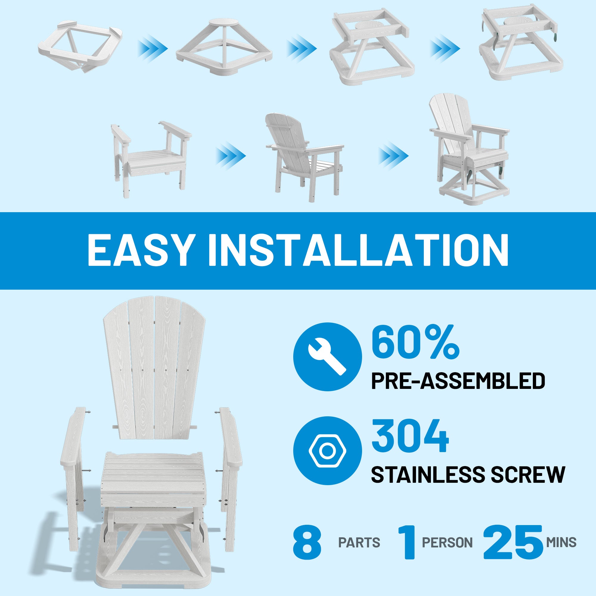 Easthome 360°Swivel Glider Adirondack Chair All-Weather HDPE Outdoor Rocking Chair with Ergonomic Backrest, Outdoor Swivel Rocker for Patio, Porch & Deck