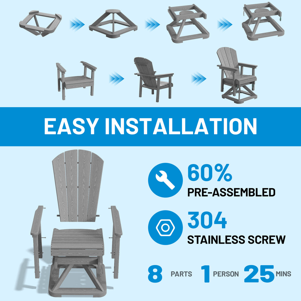 Easthome 360°Swivel Glider Adirondack Chair All-Weather HDPE Outdoor Rocking Chair with Ergonomic Backrest, Outdoor Swivel Rocker for Patio, Porch & Deck