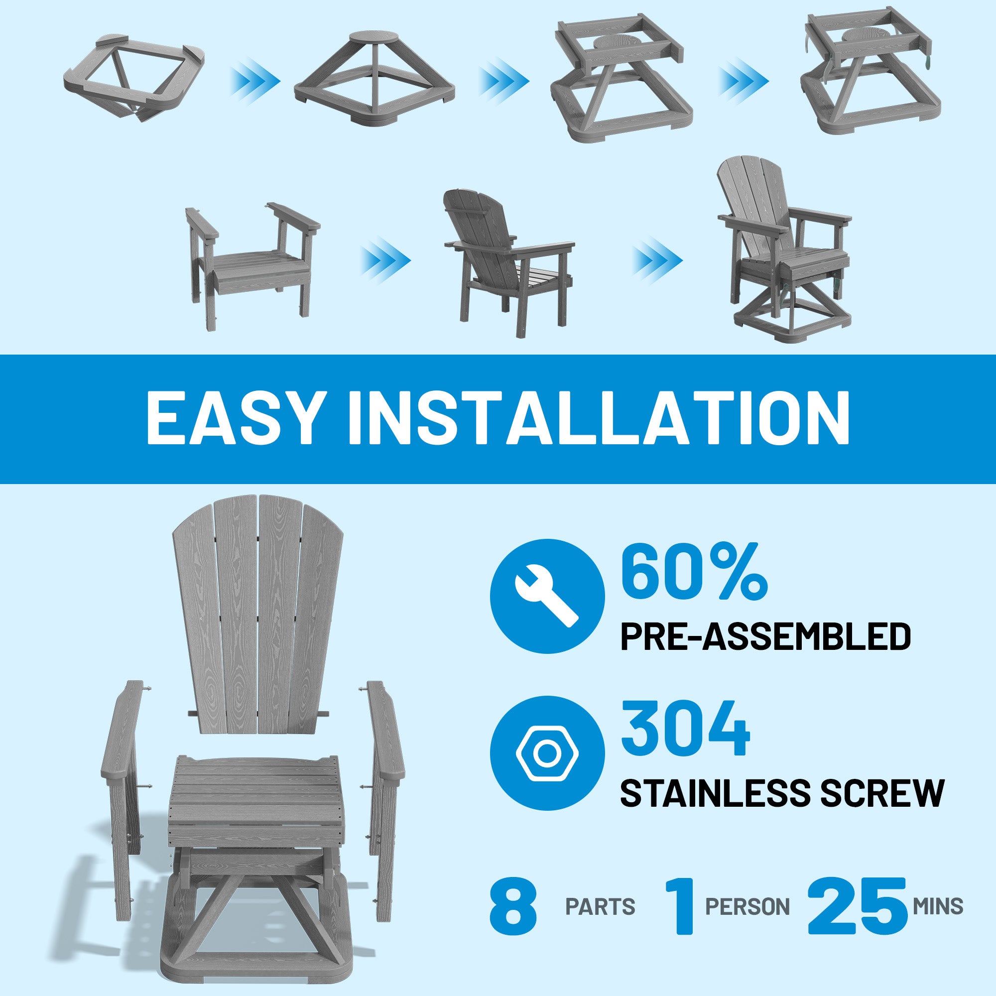 Easthome 360°Swivel Glider Adirondack Chair All-Weather HDPE Outdoor Rocking Chair with Ergonomic Backrest, Outdoor Swivel Rocker for Patio, Porch & Deck