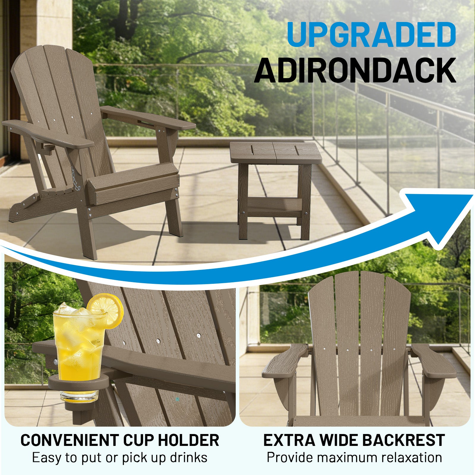 Easthome Adirondack Chair, HDPE All-Weather Outdoor Patio Lounge Chair with Cup Holder & 380lb Capacity for Deck, Garden, Poolside, Backyard